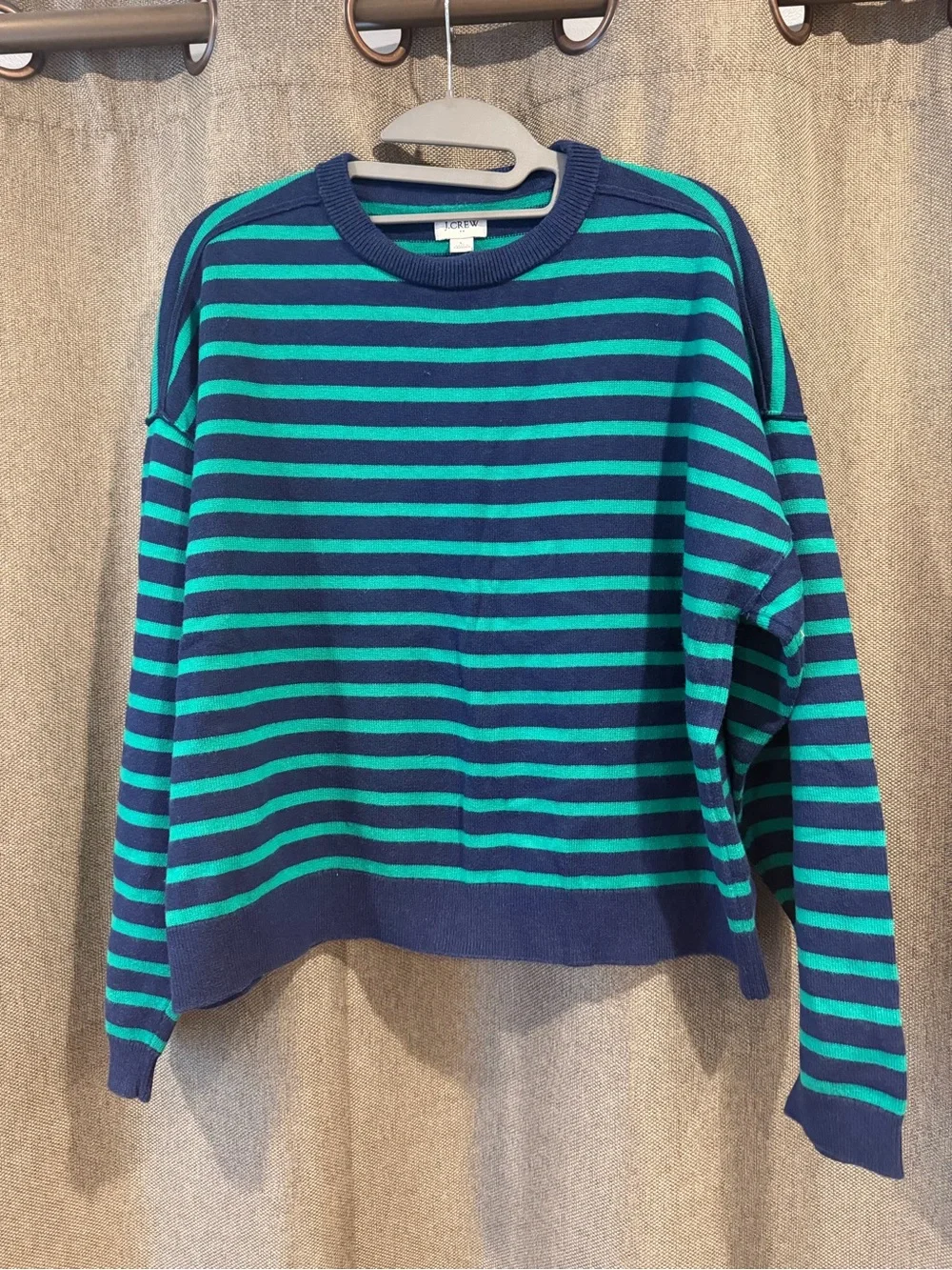 J. Crew Women's Navy and Teal Striped Crewneck Sweater